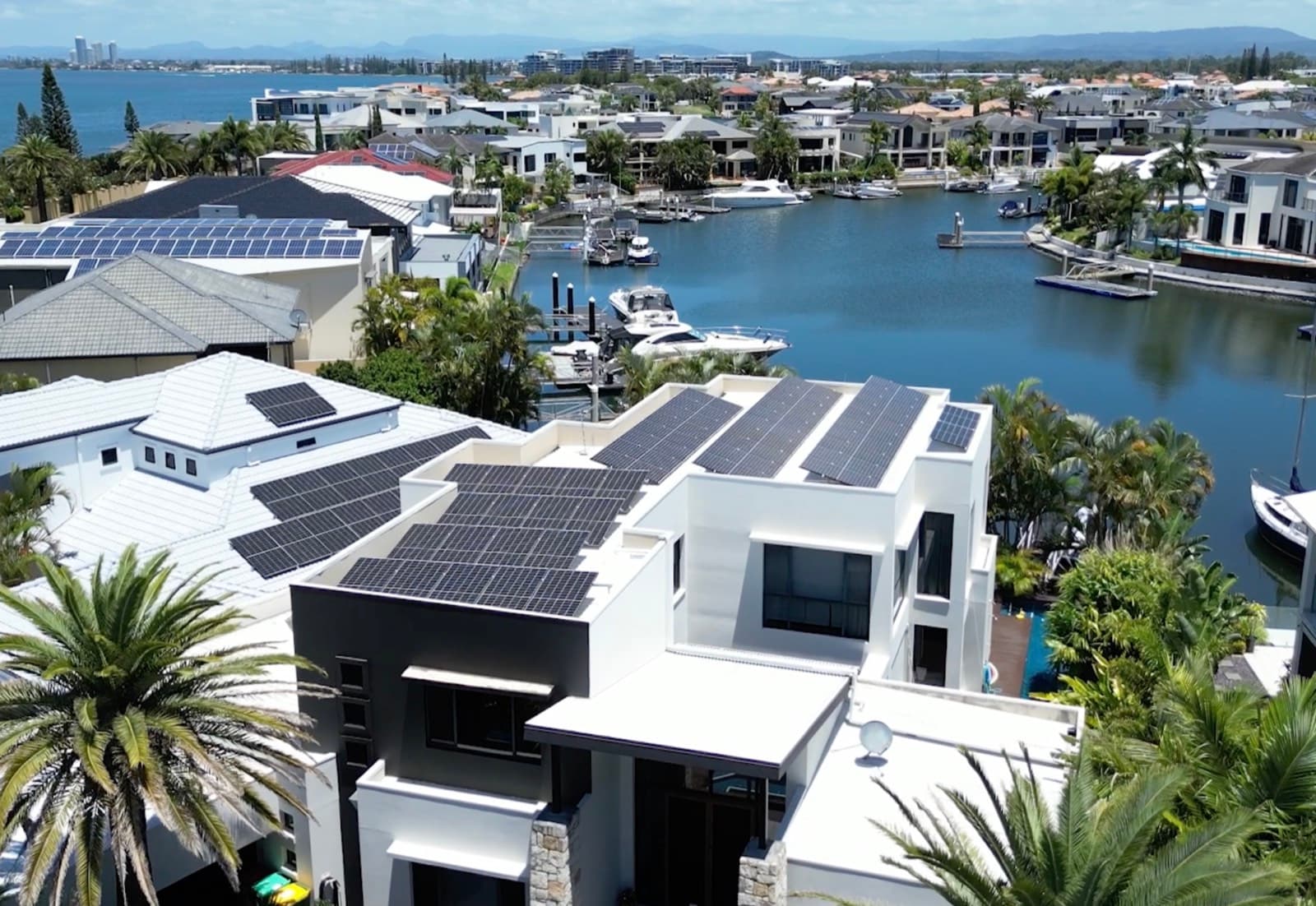 Solar panels on a waterfront home at Paradise Point, Gold Coast